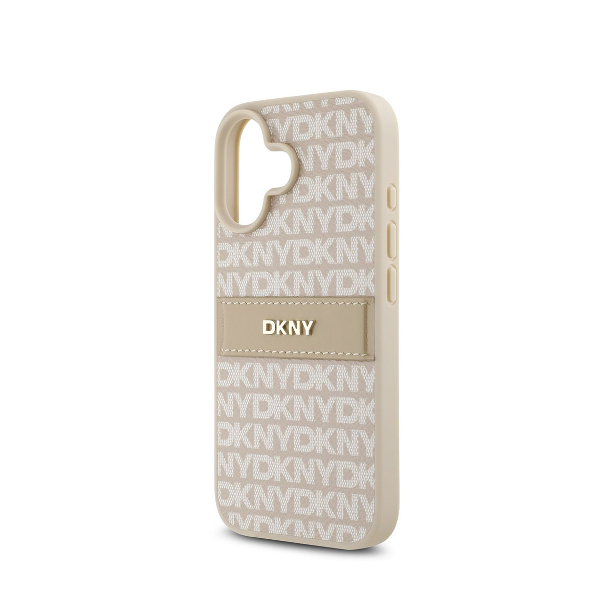 Una custodia per telefono DKNY beige. La custodia ha un motivo ripetuto di 'DKNY' e 'NYDK' e una toppa in pelle con 'DKNY'.