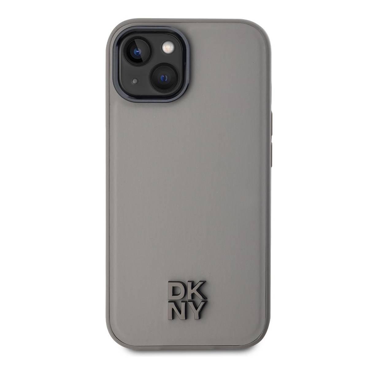 Una custodia grigia per telefono con area fotocamera nera. La custodia ha le lettere DKNY in basso. Lo sfondo è bianco.