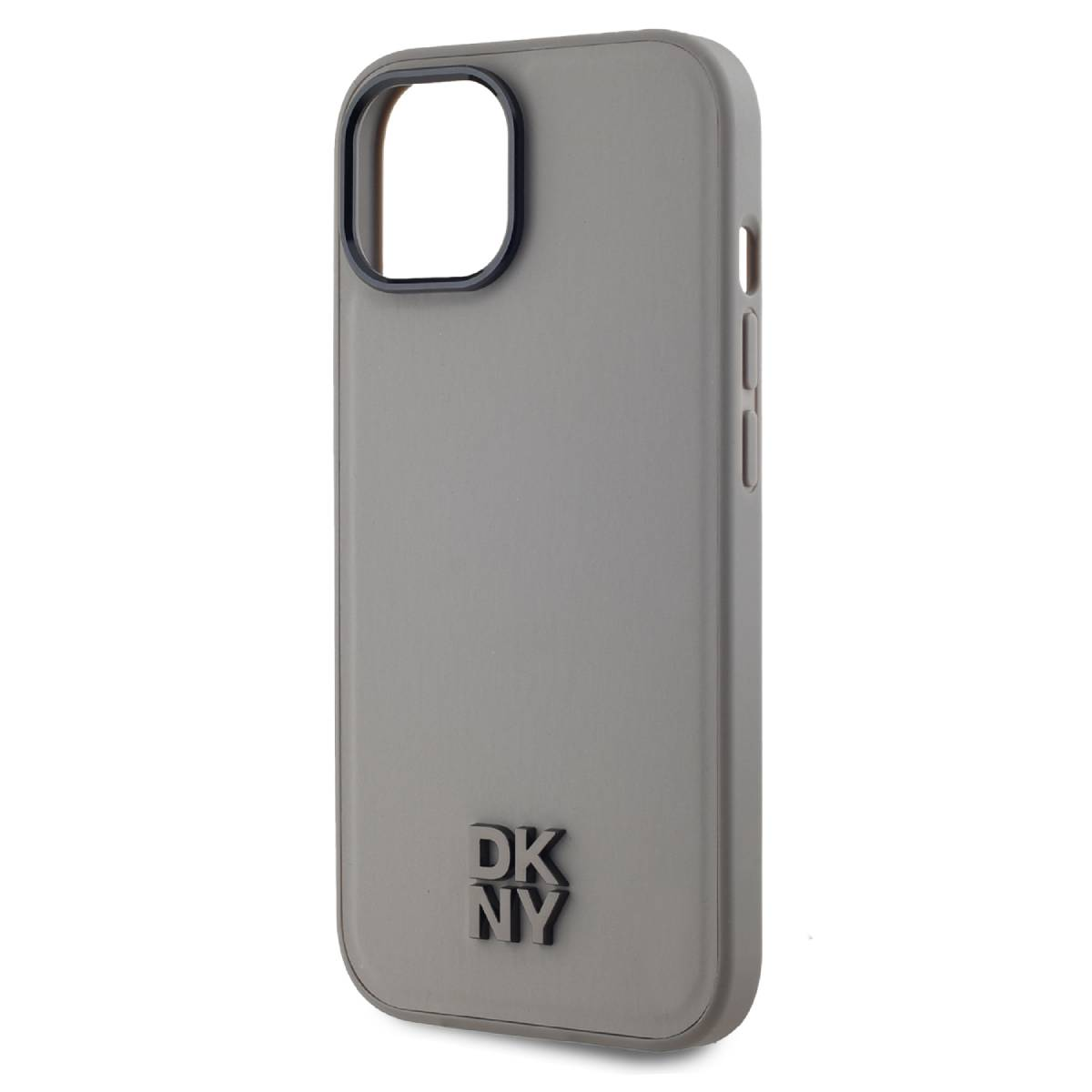 Una custodia grigia DKNY per telefono. Ha un ritaglio per la fotocamera e pulsanti laterali. Il logo DKNY è in basso.