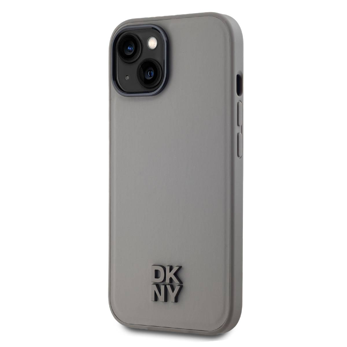Una custodia grigia per telefono con il logo DKNY. La custodia ha un ritaglio per la fotocamera e dei pulsanti. Il telefono è su sfondo bianco.