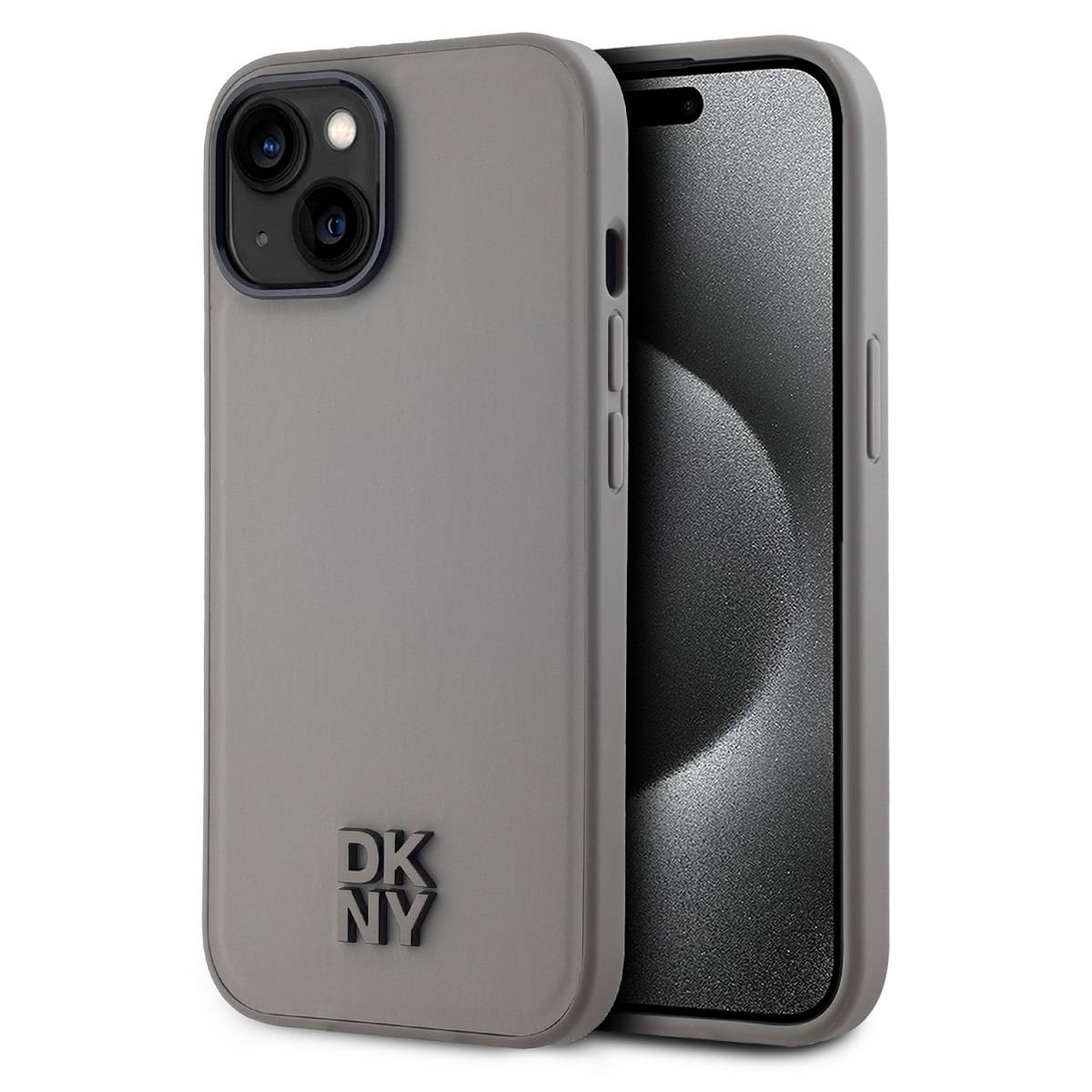 Una custodia grigia per telefono con un telefono all'interno. La custodia ha il logo DKNY. Il telefono mostra una sfumatura grigia.