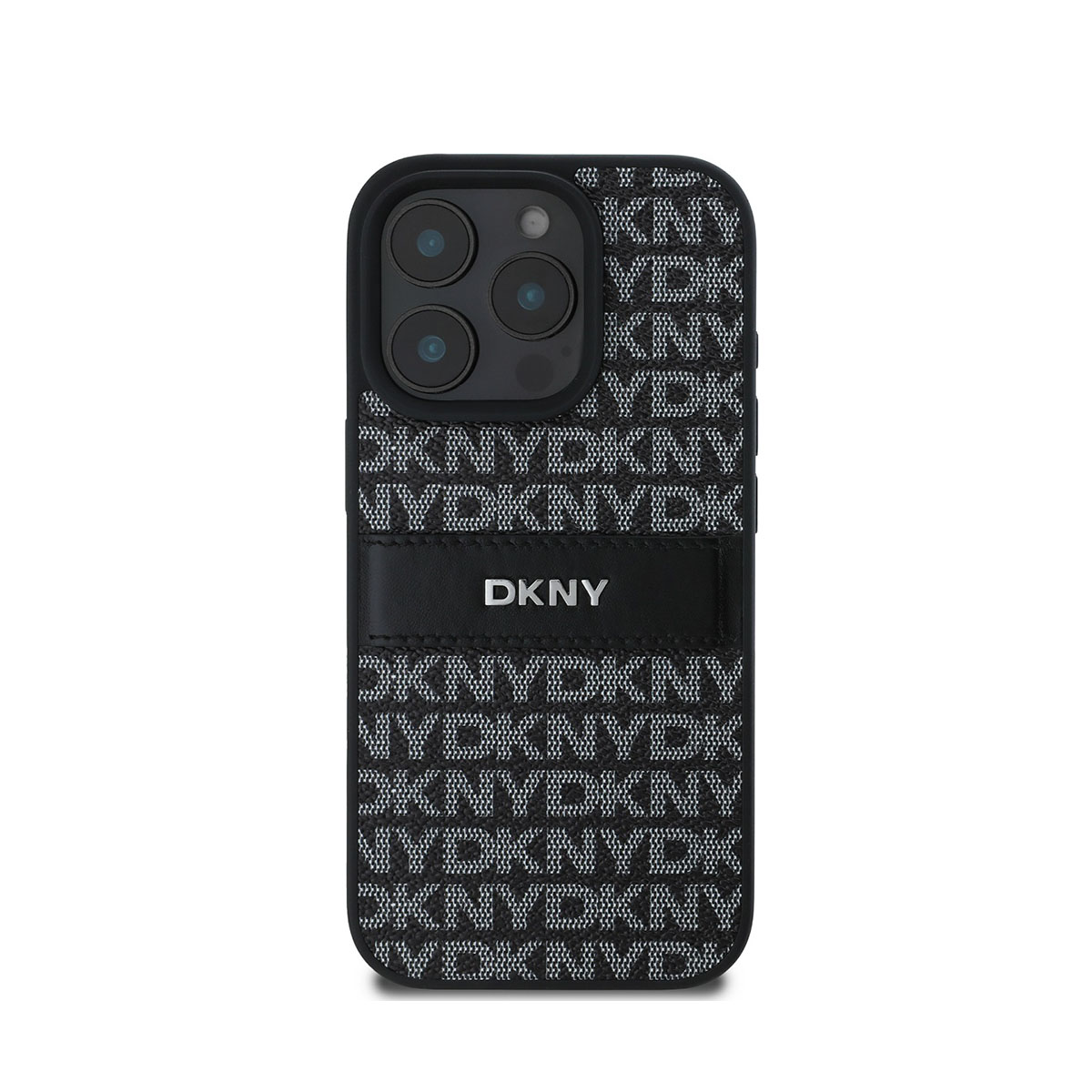 Una custodia nera per iPhone con logo DKNY. La custodia ha un motivo ripetuto DKNY e un cinturino in pelle nera con DKNY.