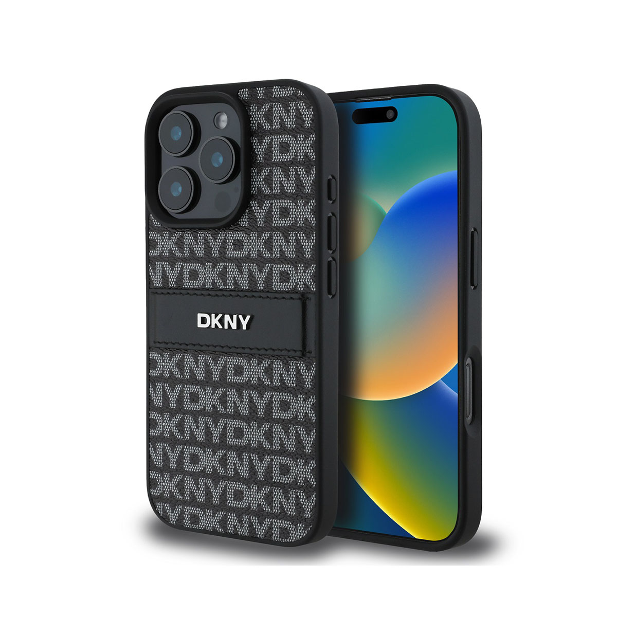 Un iPhone con una custodia DKNY nera. La custodia presenta il logo DKNY. Lo schermo mostra uno sfondo colorato.
