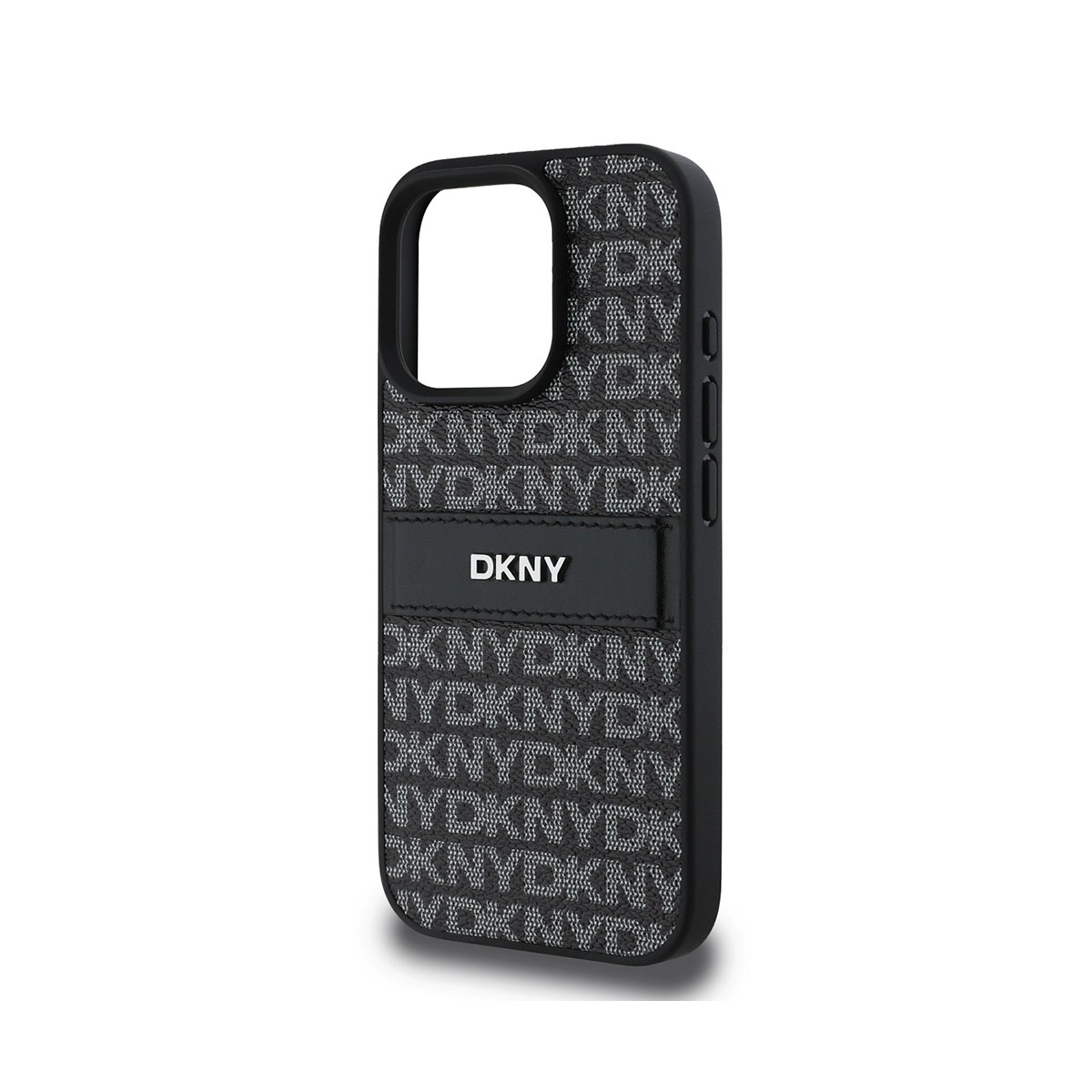 Custodia per telefono nera con motivo logo DKNY bianco. Il logo DKNY è centrato. La custodia ha ritagli per fotocamera e pulsanti.