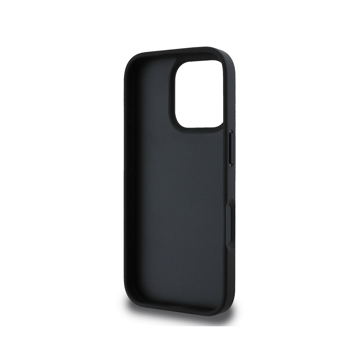 Una custodia nera per telefono. Ha un'apertura per la fotocamera e ritagli per i pulsanti. La custodia è su sfondo bianco, con un'ombra.