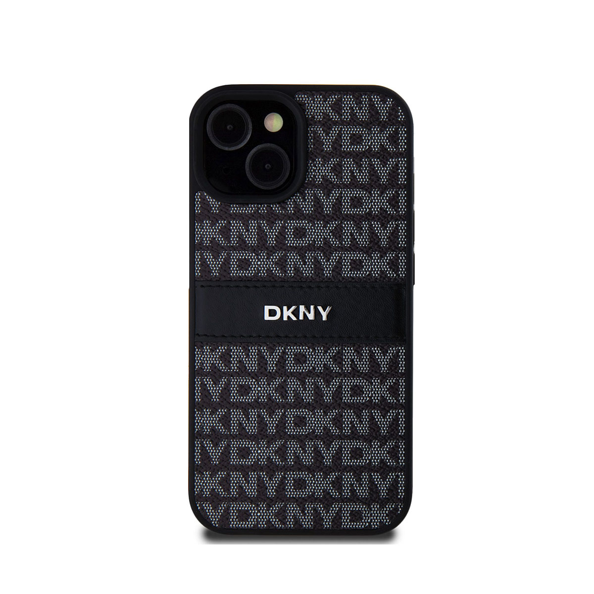 Una custodia nera per iPhone con logo DKNY. La custodia ha un motivo 'KNYDKNYI' in bianco e nero.