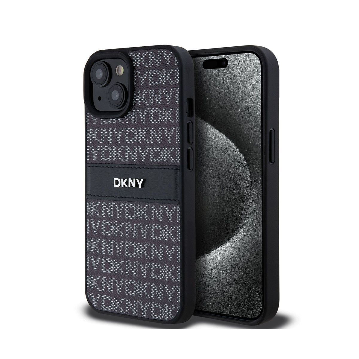 Un iPhone nero in una custodia DKNY. La custodia ha un motivo con DKNY ripetuto. Lo schermo del telefono è visibile.