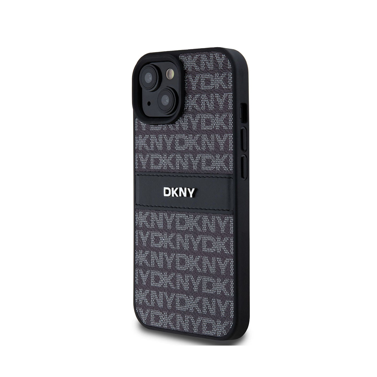 Una custodia per telefono DKNY. È nera con il logo DKNY e le parole NYDKNY ripetute. La custodia ha un foro per la fotocamera e dei pulsanti.