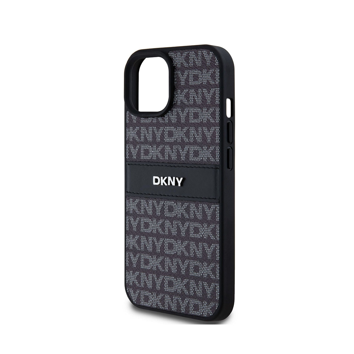 Una custodia nera per iPhone con logo DKNY. La custodia ha un motivo ripetuto di 'DKNY' e 'NYDKNY' in un colore più chiaro.