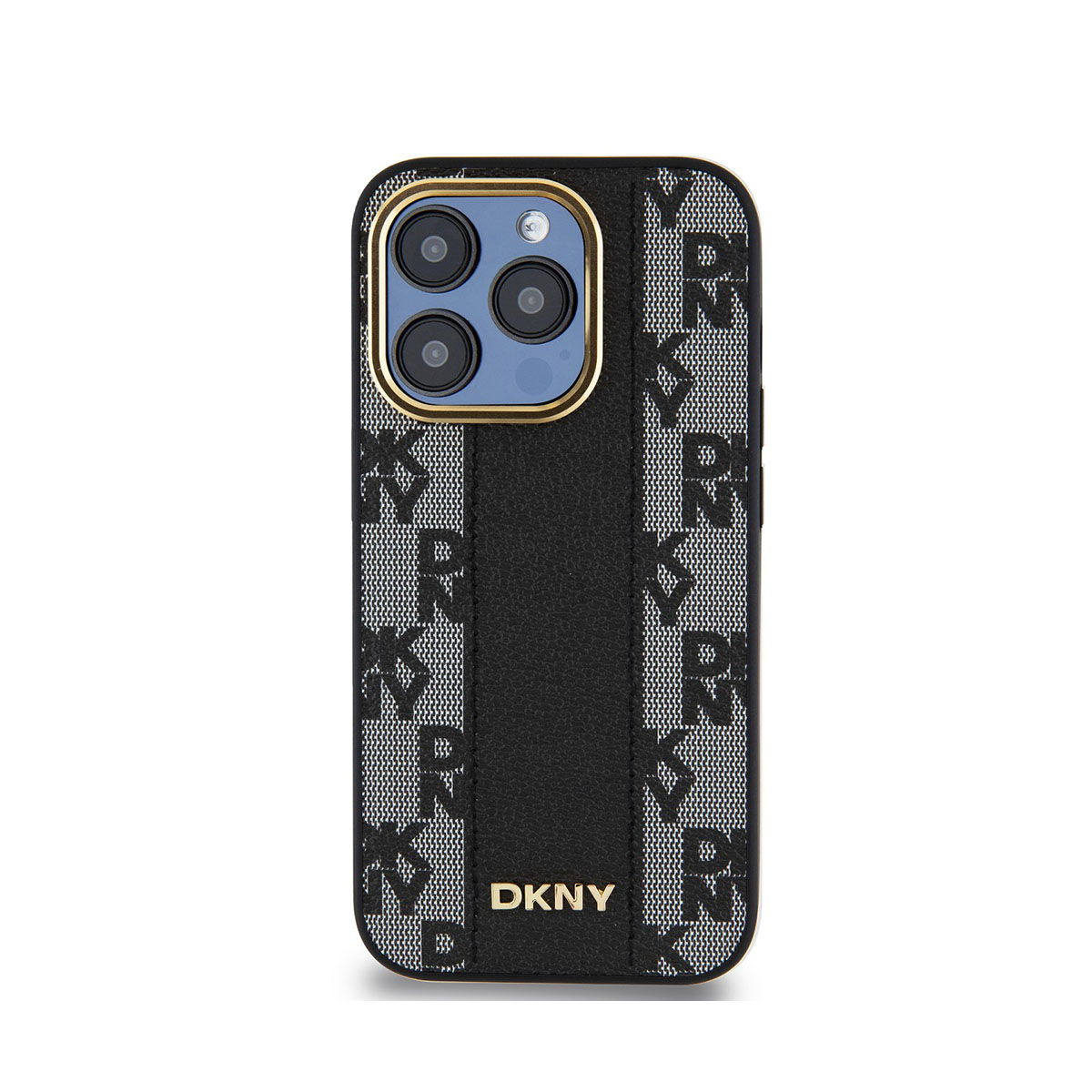 Una custodia per telefono nera con cornice dorata. Ha una striscia verticale nera e loghi DKNY. Il telefono ha 3 fotocamere.