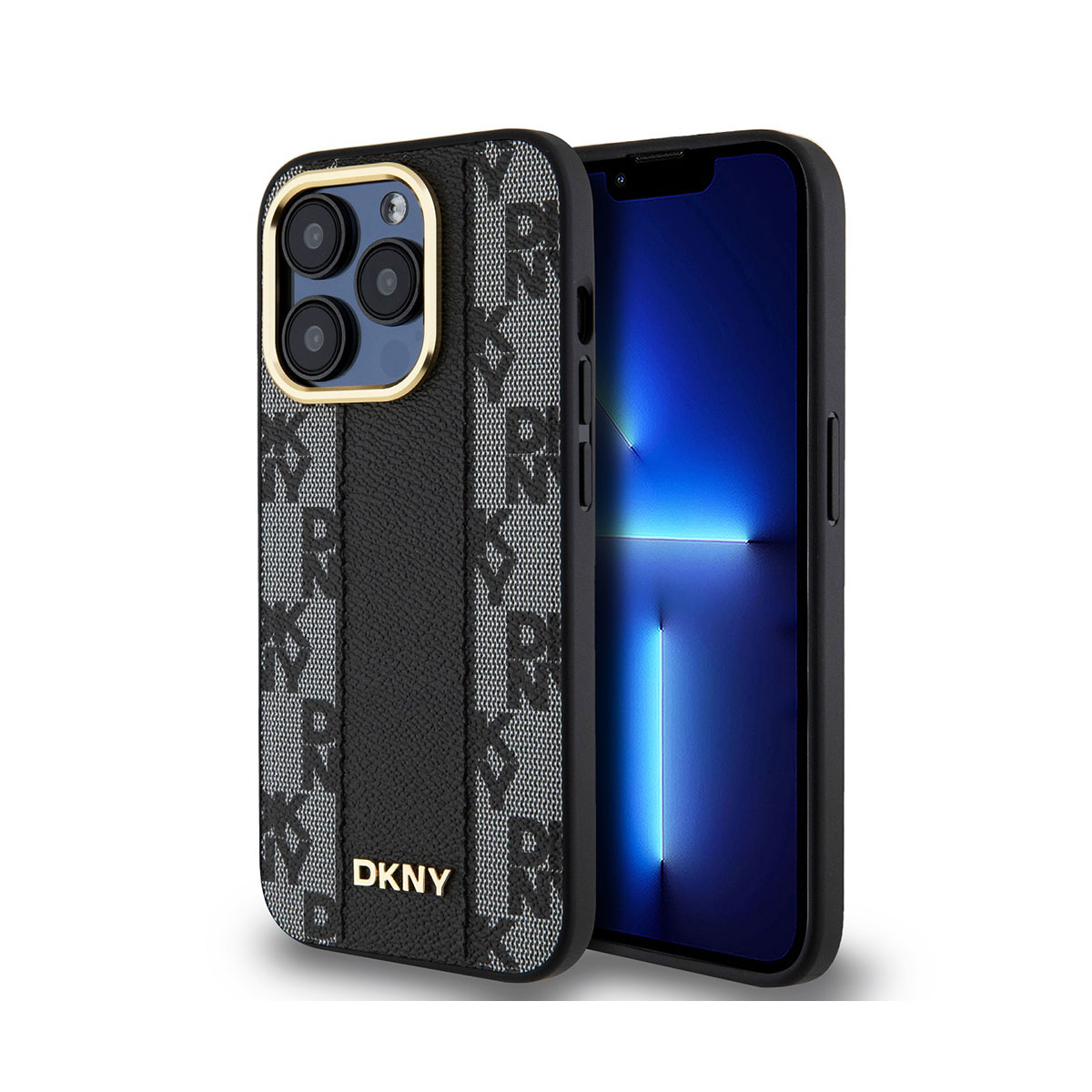 iPhone nero con custodia DKNY. La custodia ha un motivo nero e grigio con logo DKNY. Lo schermo è blu.