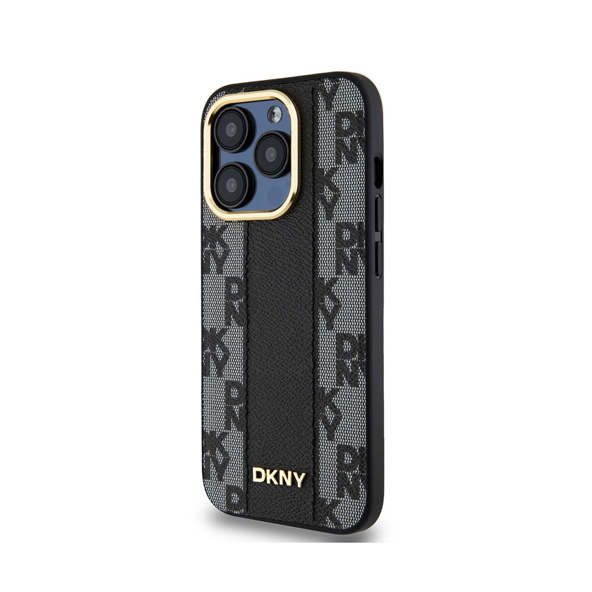Una custodia per telefono con motivo DKNY nero e grigio. Ha una striscia nera. La fotocamera ha un anello dorato. Il marchio è in basso.