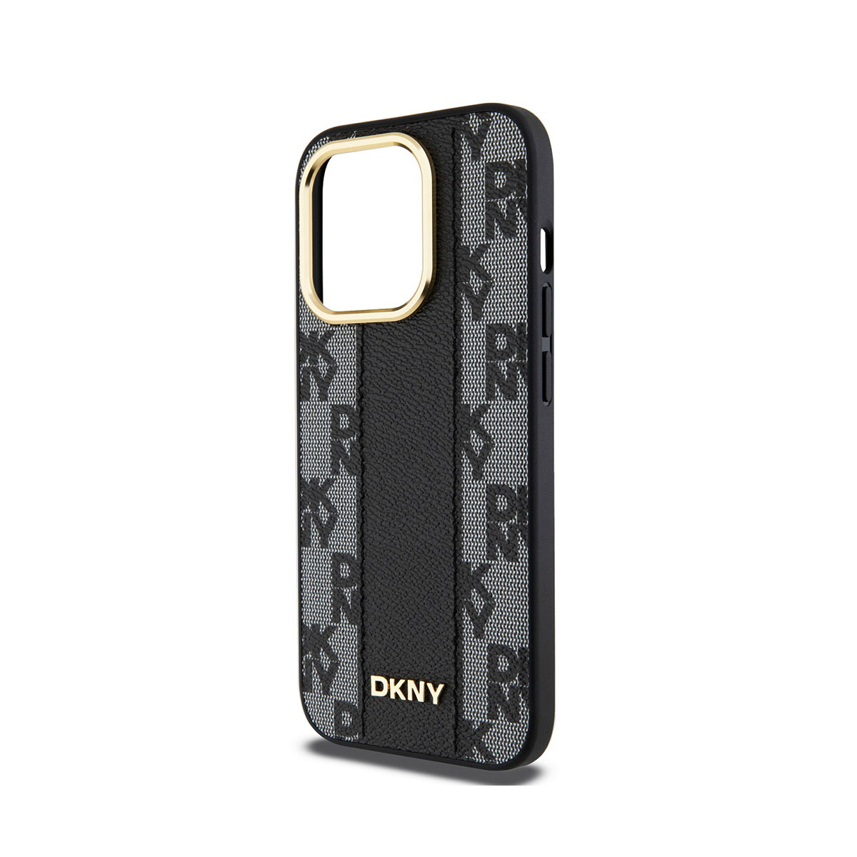 Una custodia per telefono DKNY nera con cornice dorata per la fotocamera, motivo e striscia strutturata.
