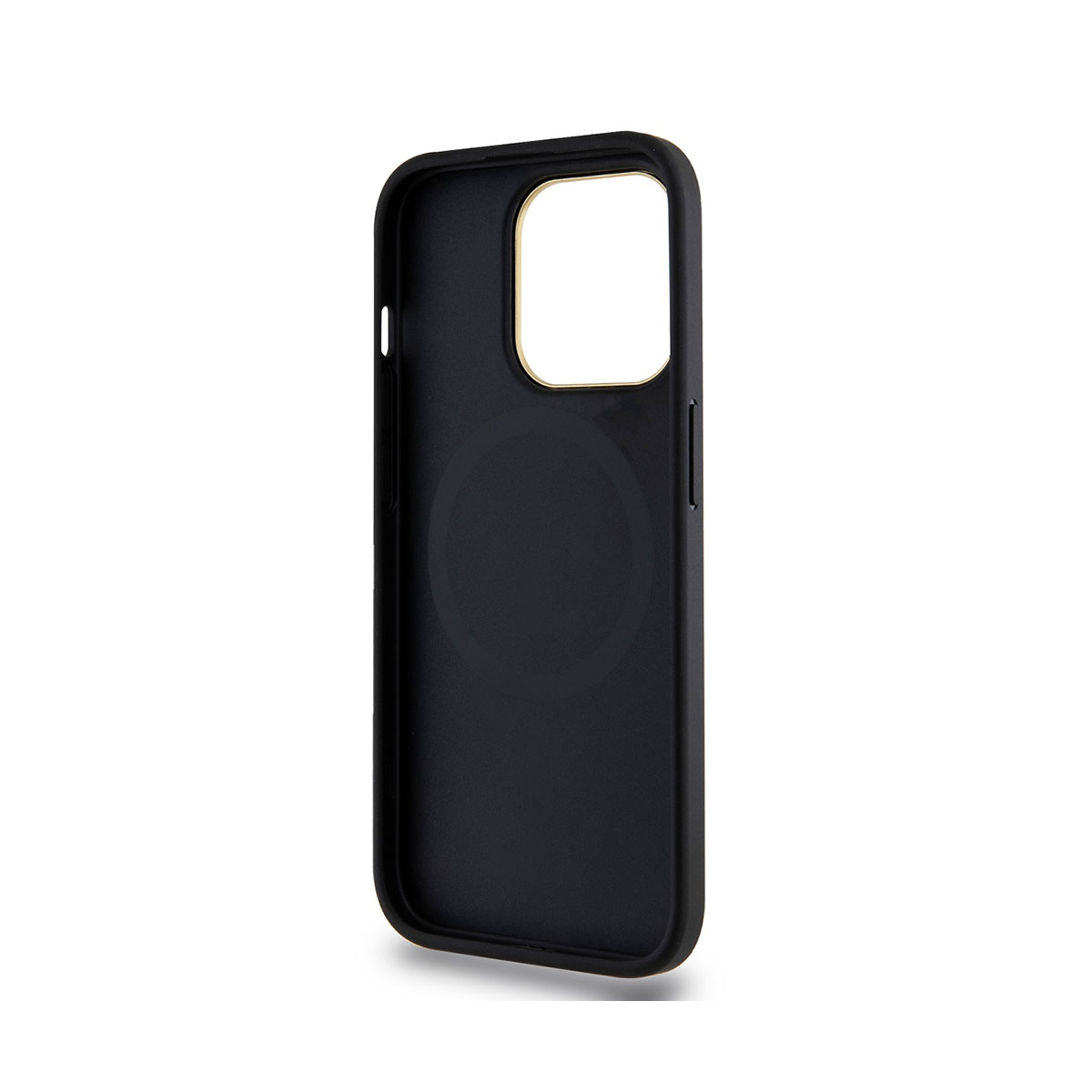 Una custodia per telefono nera con un ritaglio per la fotocamera e un marchio circolare, su sfondo bianco. La custodia è vuota.