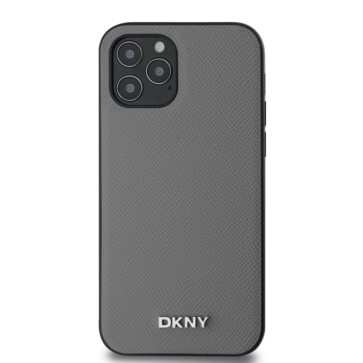 Una custodia grigia DKNY con superficie strutturata. Tre lenti della fotocamera sono visibili in alto a sinistra.