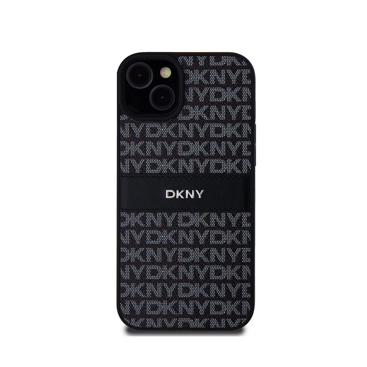 Una custodia per telefono DKNY con un motivo in bianco e nero. Il logo DKNY è al centro. La custodia è su una superficie bianca.