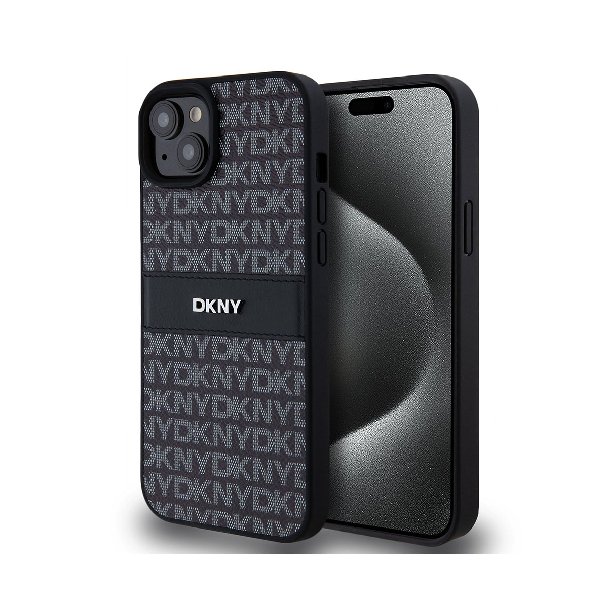 Un iPhone con custodia DKNY. La custodia è nera con un motivo di lettere bianche e il logo DKNY. Lo schermo del telefono è visibile.