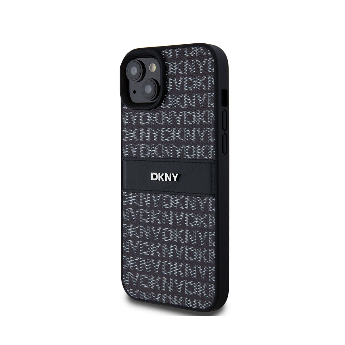 Custodia nera per iPhone con logo DKNY. La custodia ha un motivo DKNY grigio. Il telefono ha due fotocamere.