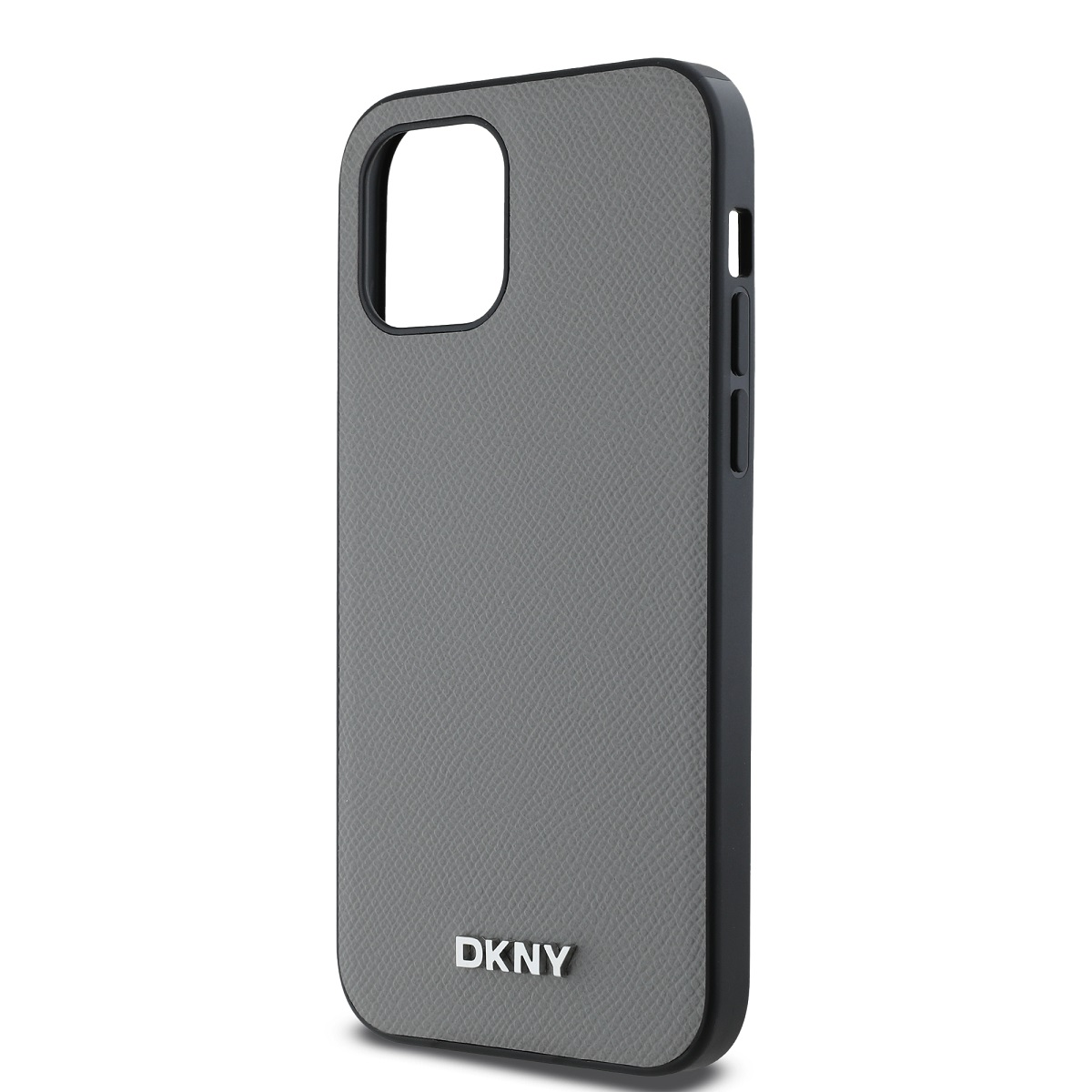Una custodia grigia per telefono DKNY. Ha una superficie strutturata e un bordo nero. Il logo DKNY è in basso.