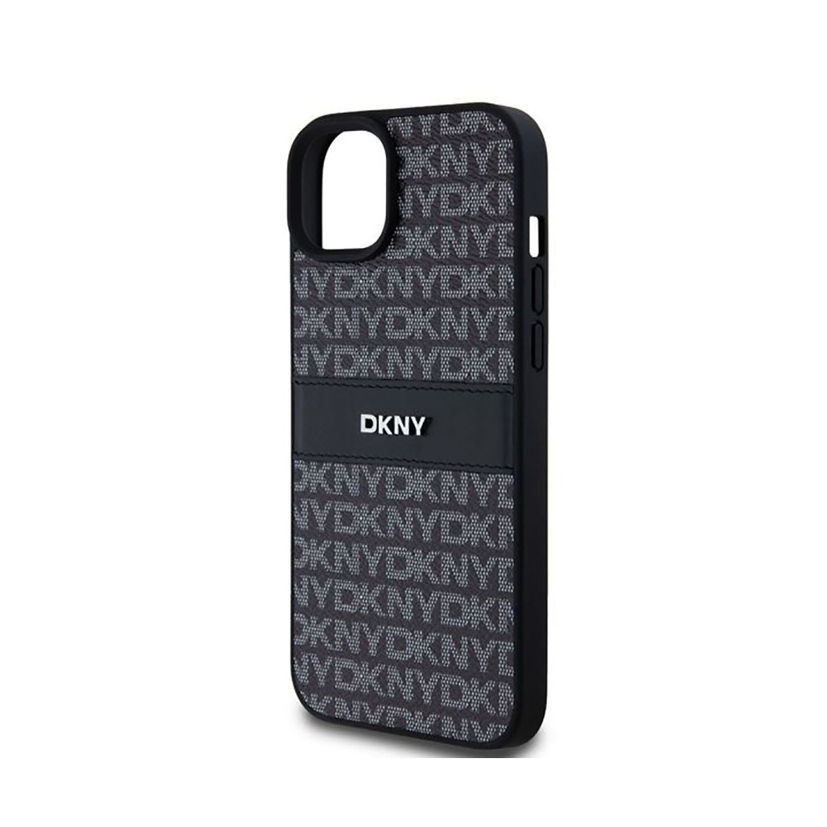 Una custodia per telefono DKNY nera. La custodia è ricoperta da un motivo ripetuto con il logo DKNY. Il logo DKNY è anche su una fascia.