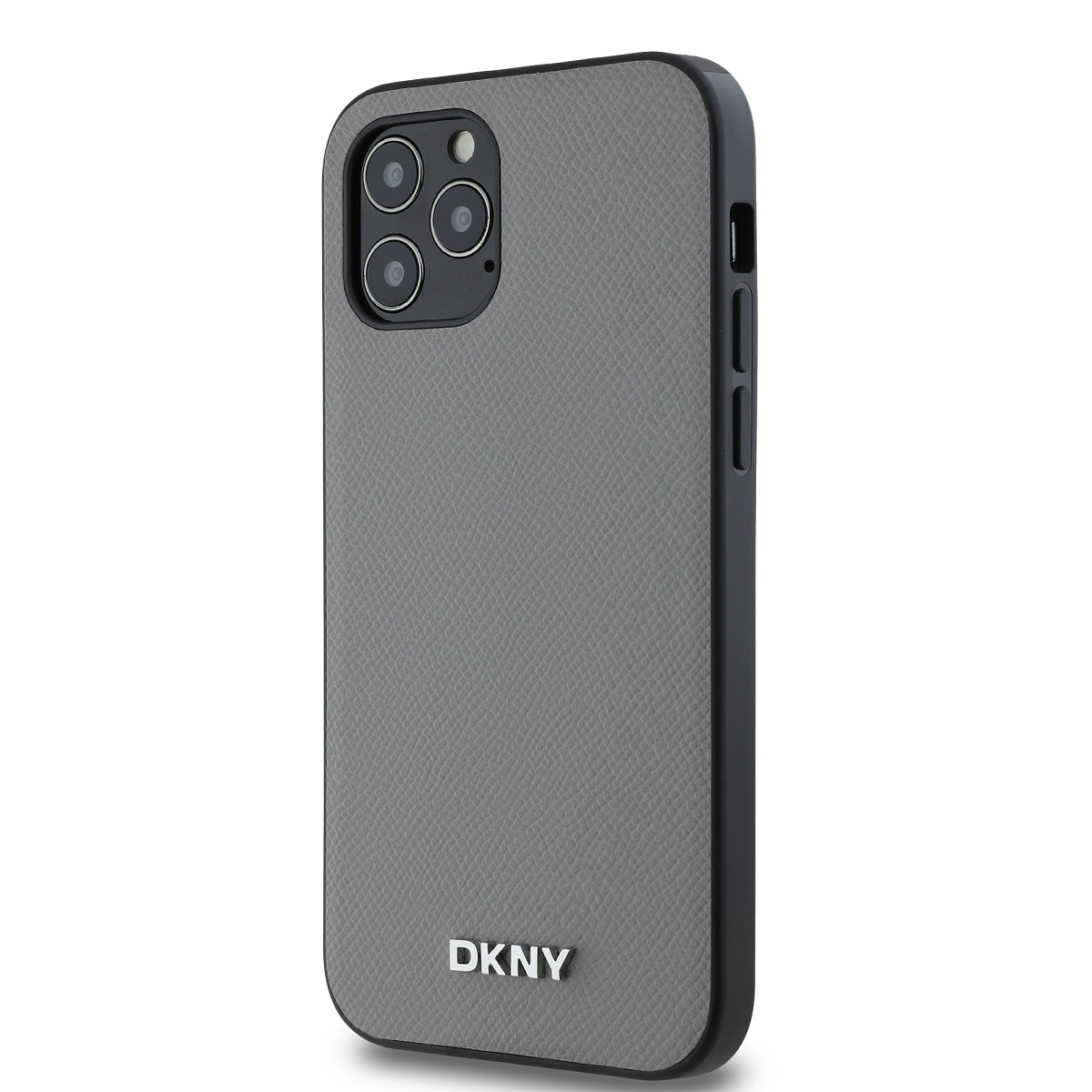 Una custodia grigia DKNY per iPhone. Presenta un retro strutturato, bordi neri e il logo DKNY. La custodia ha più lenti.