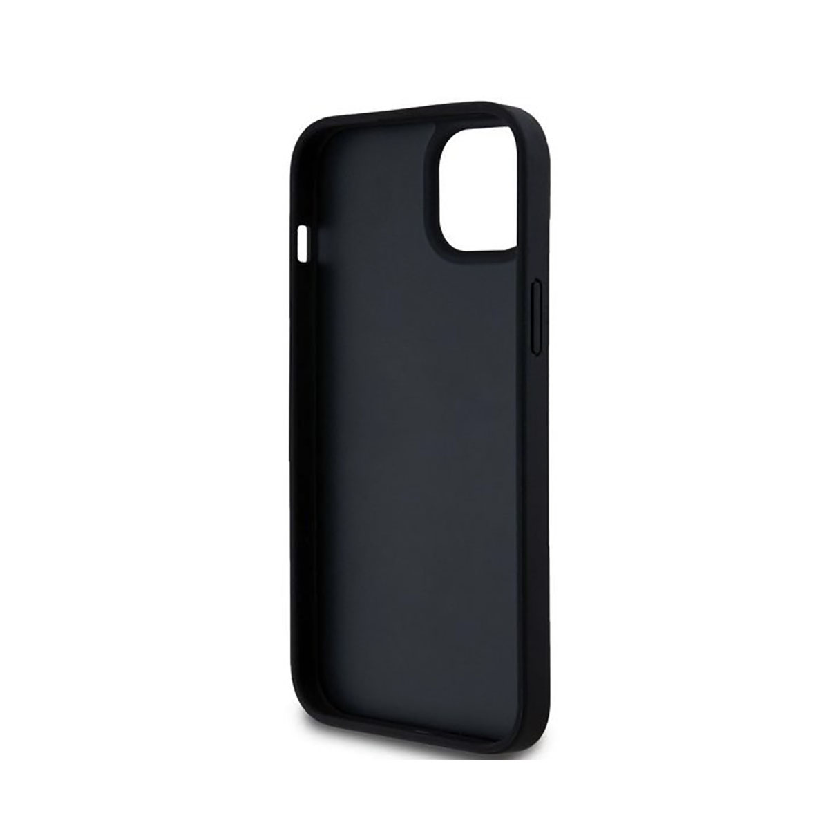 Una custodia nera per telefono, probabilmente per un iPhone. Ha un'apertura per la fotocamera, pulsanti e una superficie liscia, su sfondo bianco.