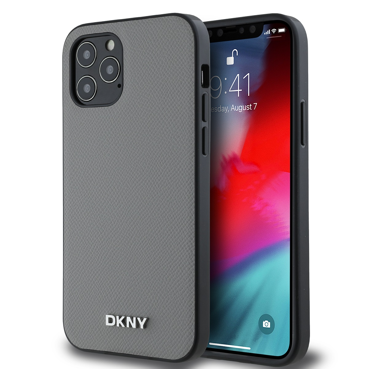 iPhone in custodia DKNY grigia. Lo schermo mostra le 9:41 e uno sfondo rosso e bianco.