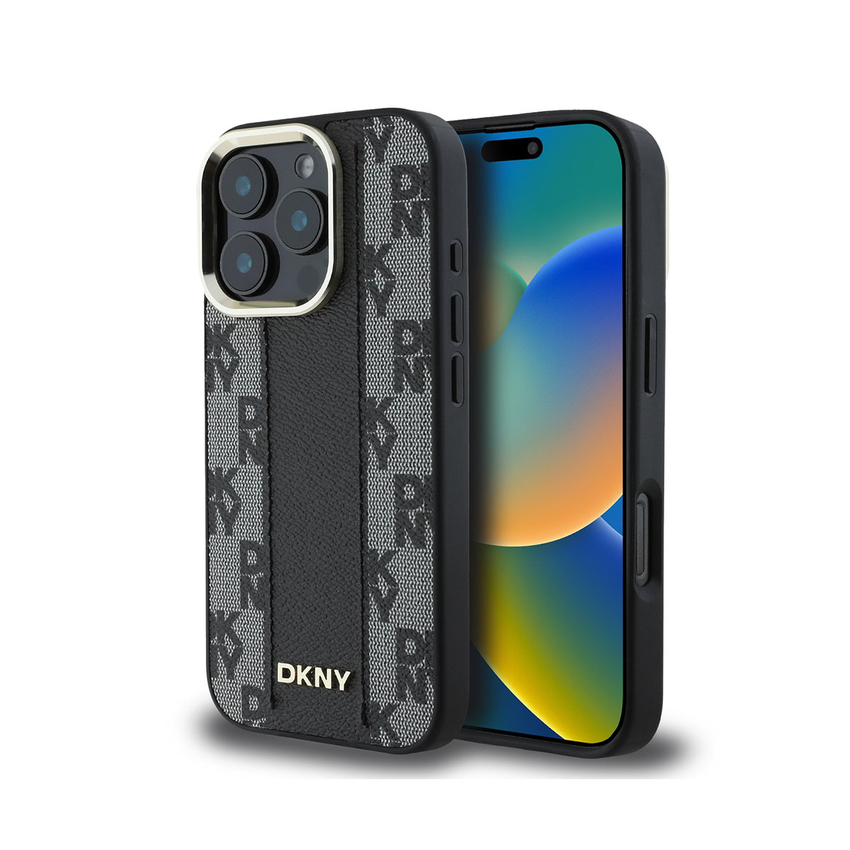 iPhone nero con custodia DKNY. La custodia ha una fascia nera con logo DKNY e motivo grigio. Lo schermo mostra uno sfondo colorato.