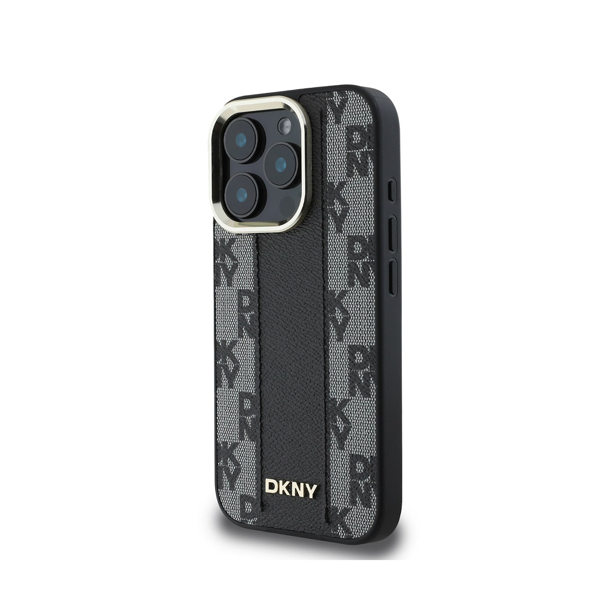 Una custodia per iPhone con logo DKNY. Ha un cinturino in pelle nera e il resto è grigio con lettere DKNY nere. L'area della fotocamera è dorata.