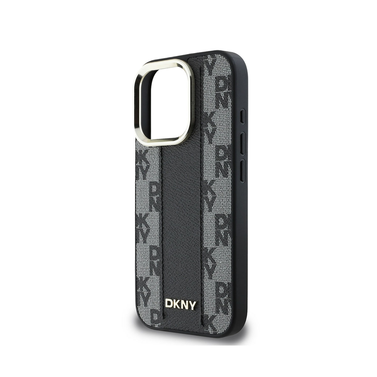 Una custodia per telefono DKNY nera e grigia. Ha un anello per fotocamera dorato e una striscia nera al centro. Il logo DKNY è visibile.