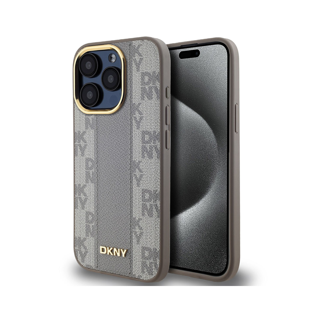 Una custodia per telefono DKNY con motivo grigio e bordo dorato, accanto allo schermo di un telefono.