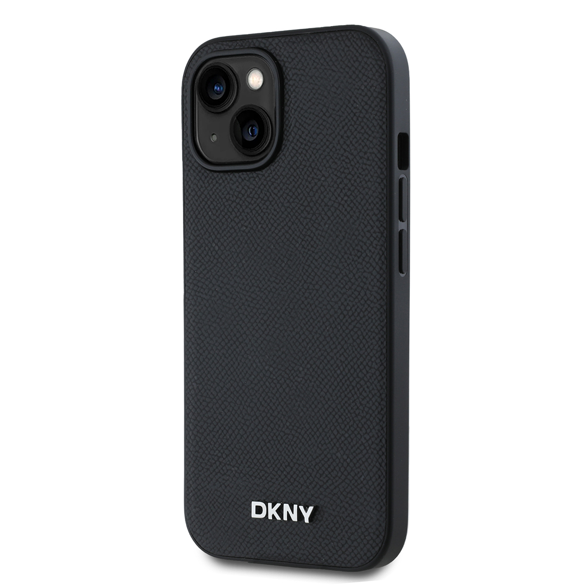 Custodia per telefono nera con logo DKNY. La custodia ha una superficie strutturata e un rigonfiamento della fotocamera. Pulsanti laterali. Sfondo bianco.