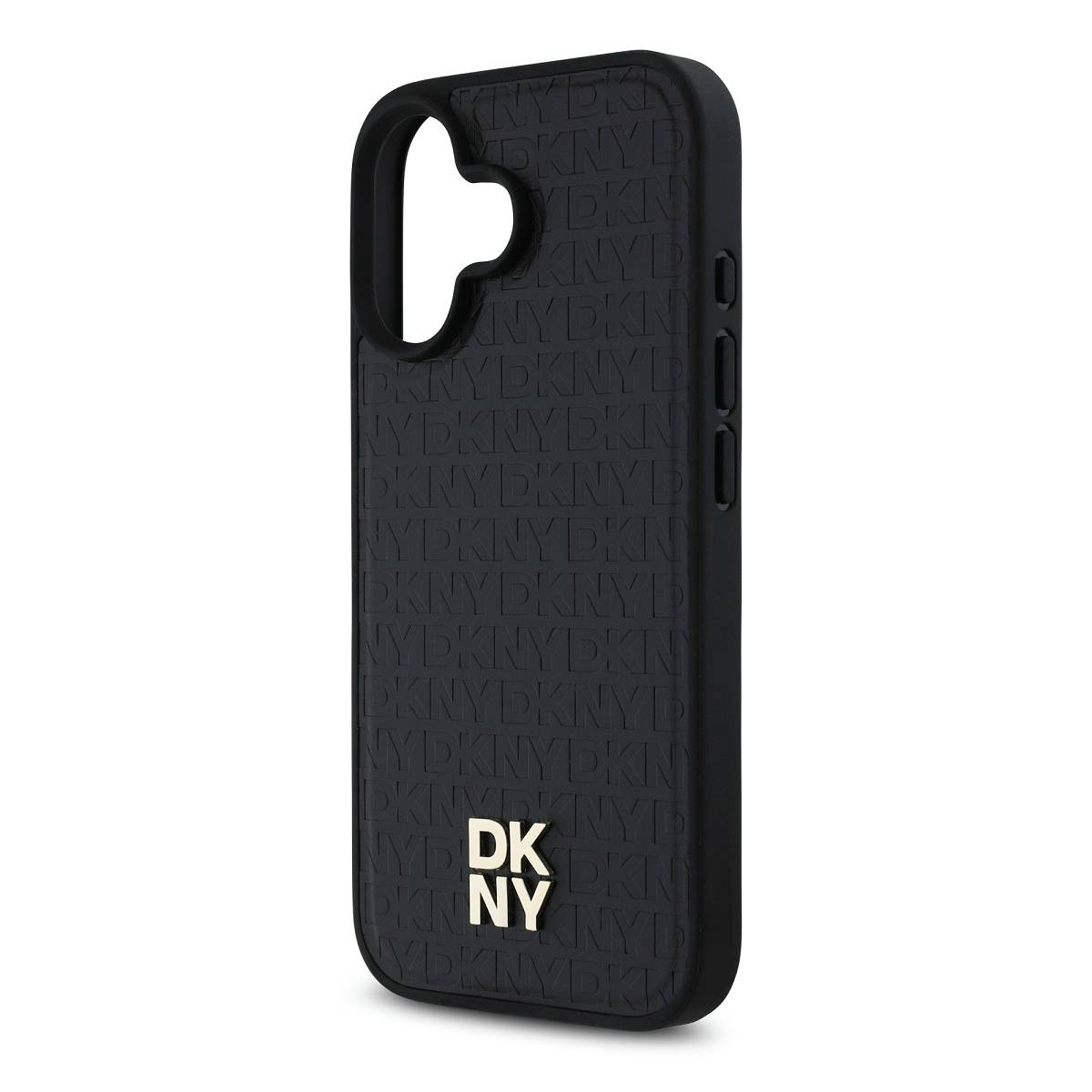 Schwarze DKNY-Handyhülle. Die Hülle ist mit dem Text 'DKNY' geprägt. Das Logo ist goldfarben und die Hülle hat Knopfaussparungen.