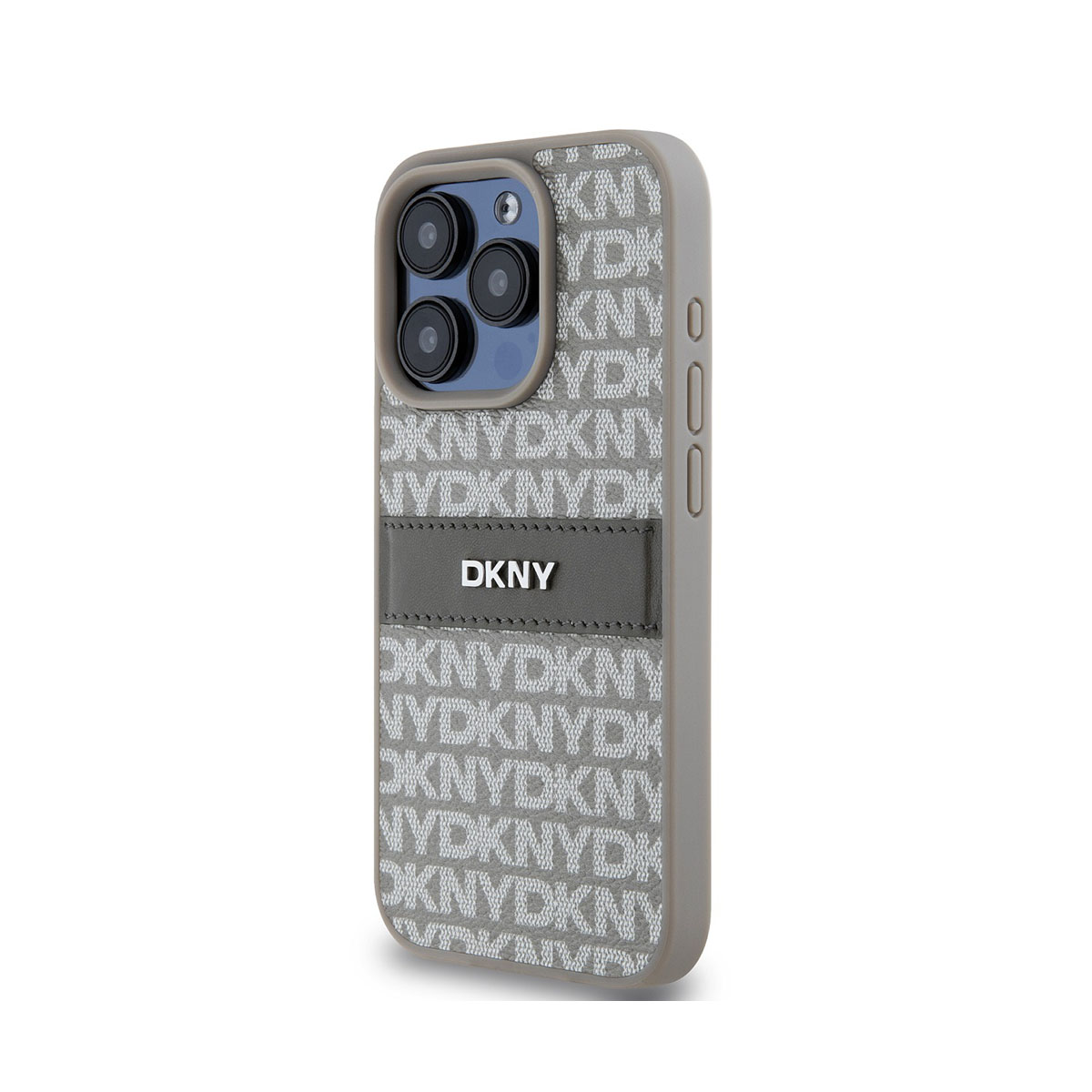 Una custodia per telefono con logo DKNY, motivo grigio e bianco, e lenti.