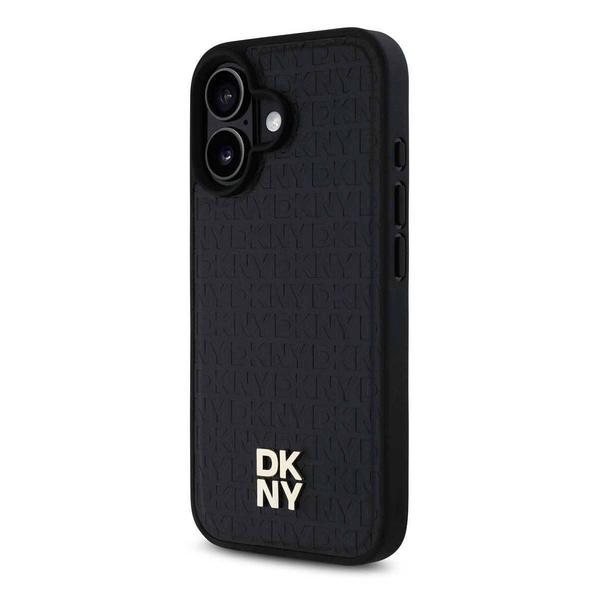 Eine schwarze Handyhülle mit einem erhabenen Muster aus sich wiederholendem "DKNY". Die Hülle hat eine Kamera und ein goldenes "DKNY"-Logo.