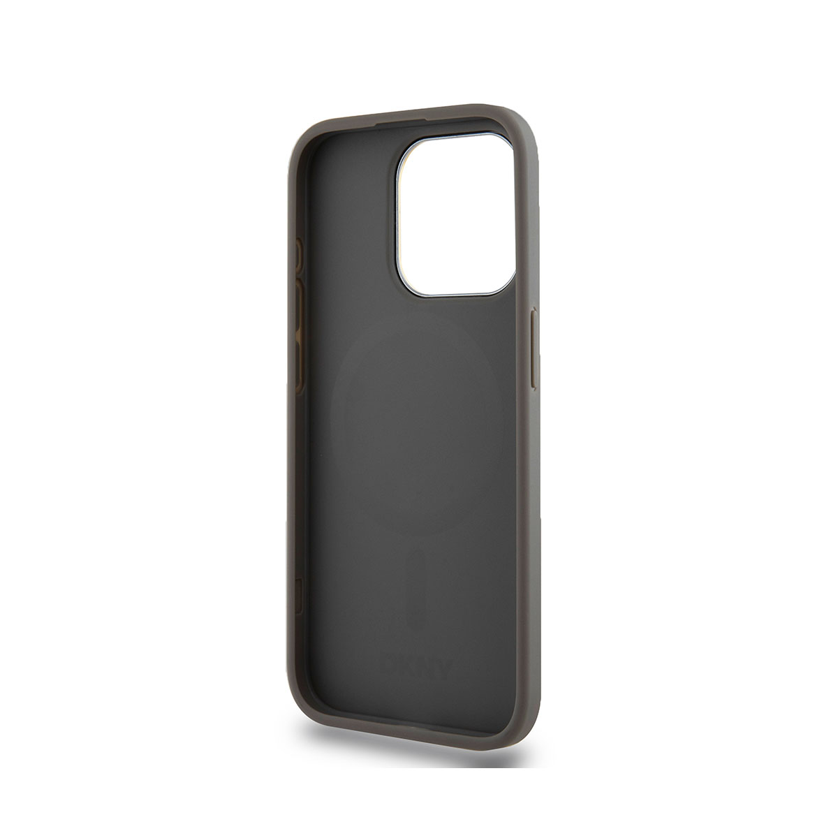 Una custodia per telefono DKNY grigio scuro con un ritaglio per la fotocamera e un bordo marrone è mostrata su sfondo bianco. La custodia è leggermente angolata.