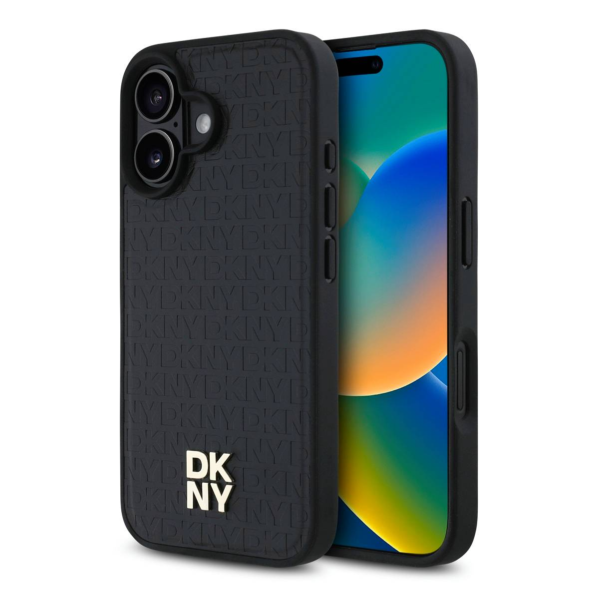 Eine schwarze Handyhülle mit DKNY-Logo ist mit einem Telefon abgebildet. Die Hülle ist mit dem DKNY-Logo geprägt.