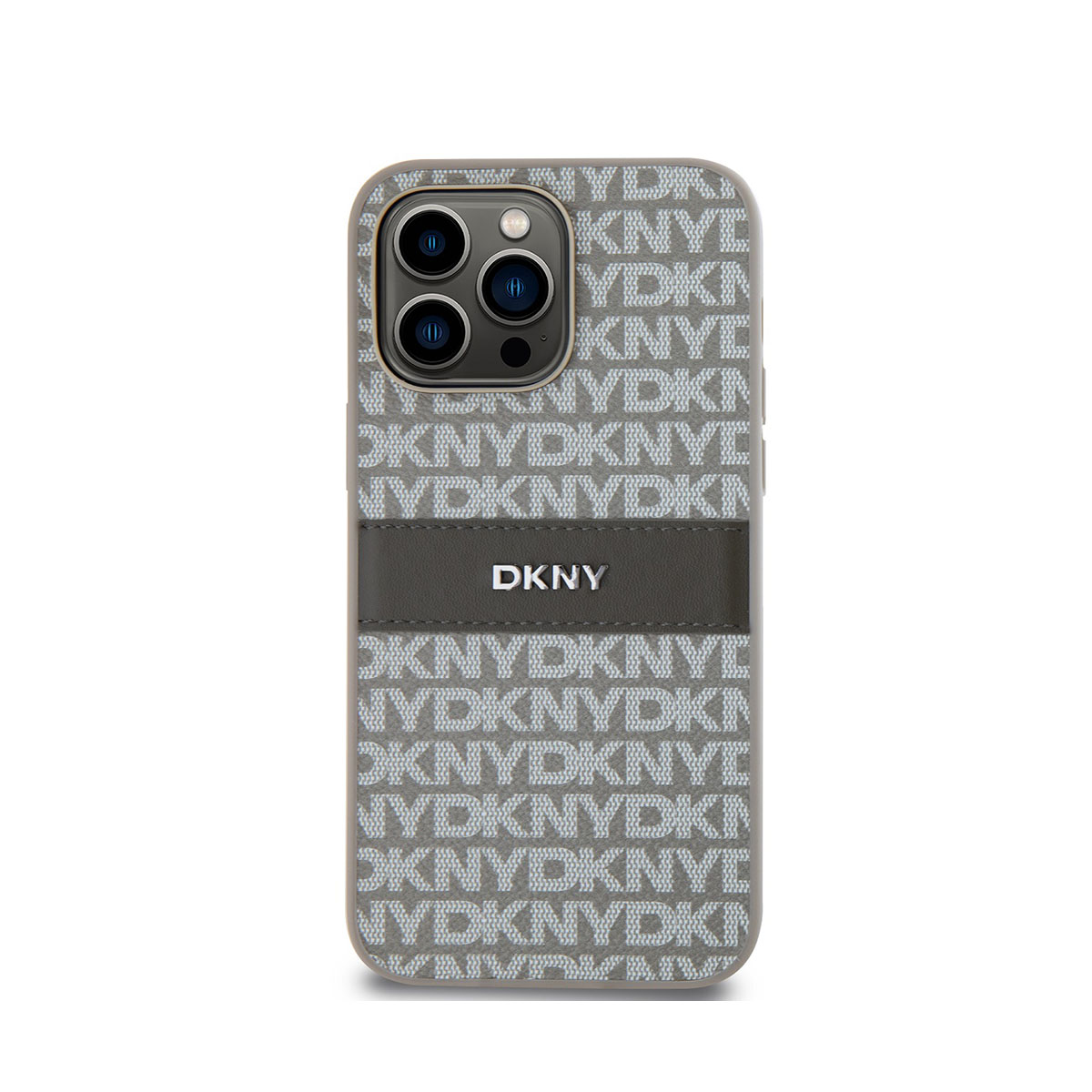 Una custodia per telefono con il logo DKNY. Ha un motivo grigio con testo DKNY bianco. Una fascia grigio scuro presenta il marchio DKNY.