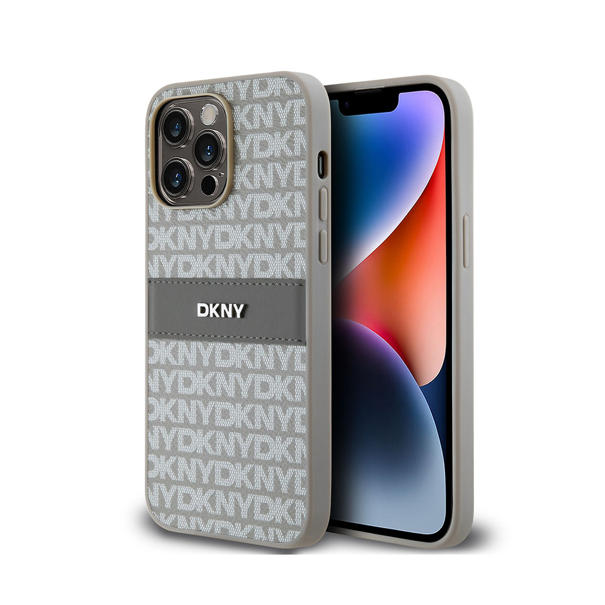 Un iPhone in una custodia grigia DKNY. La custodia ha il logo DKNY ripetuto e una striscia di pelle. Lo schermo del telefono è visibile.