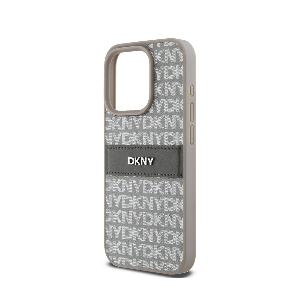 Viene mostrata una custodia per telefono DKNY. È grigio chiaro con loghi DKNY ripetuti. Un pannello grigio scuro ha il logo DKNY.
