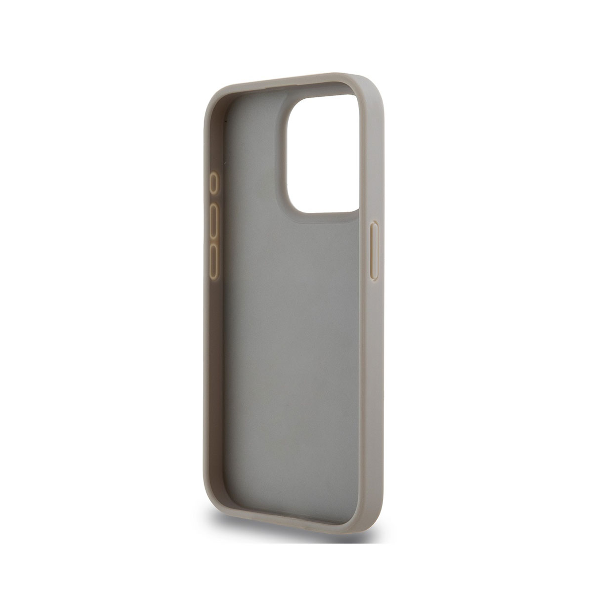 Una custodia per telefono grigio chiaro, leggermente angolata, con fori per fotocamera e pulsanti. Il design è morbido e arrotondato, su sfondo bianco.