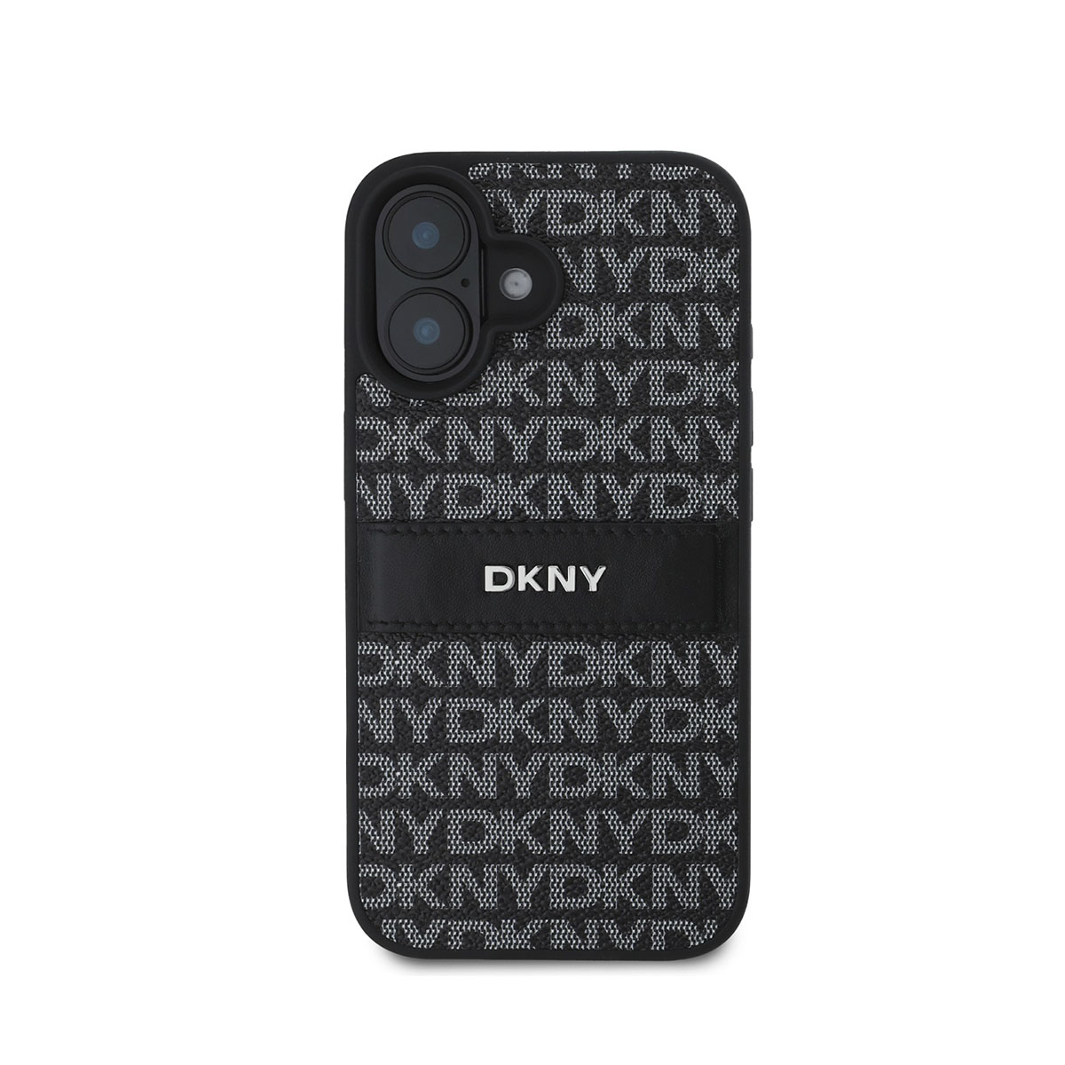 Una custodia nera per telefono con logo DKNY. Presenta un motivo ripetuto di 'DKNY' e un modulo fotocamera. Lo sfondo è bianco.