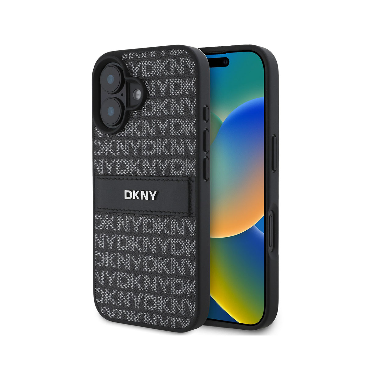 Un telefono in una custodia DKNY. La custodia è nera con logo DKNY e stampa DKNY bianca e grigia ripetuta.