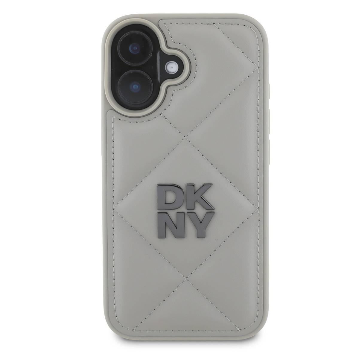 Una custodia grigia per telefono con motivo trapuntato. La custodia ha un ritaglio per la fotocamera e le lettere 'DK NY' al centro.