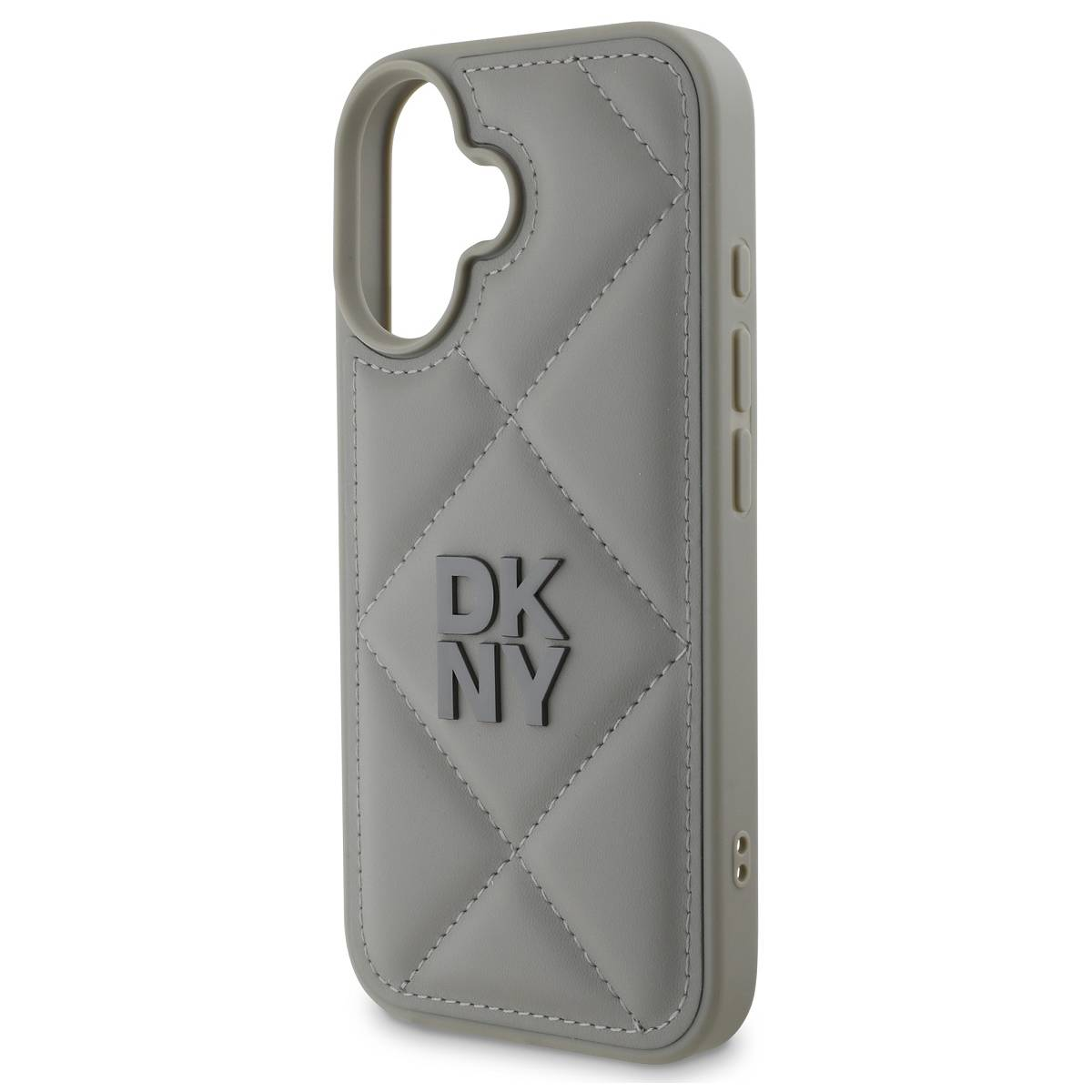 Una custodia per telefono DKNY grigia. Presenta un design trapuntato con il logo DKNY in rilievo. La custodia ha ritagli per la fotocamera e i pulsanti.