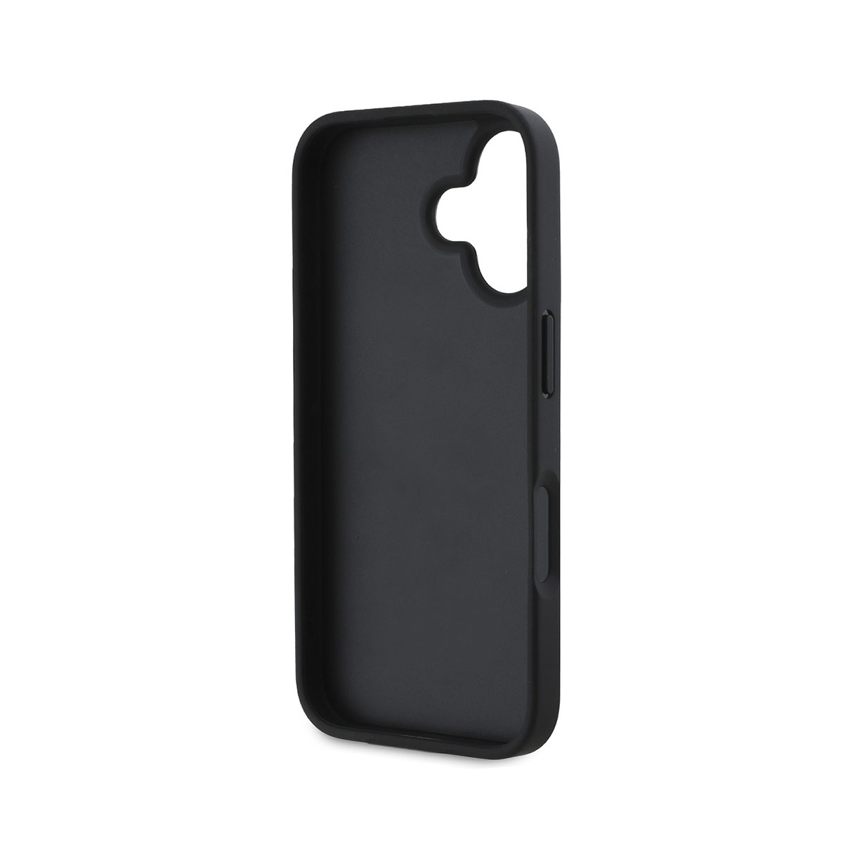 Viene mostrata una custodia nera per telefono. Ha ritagli per la fotocamera e i pulsanti. La custodia ha una finitura liscia e opaca.