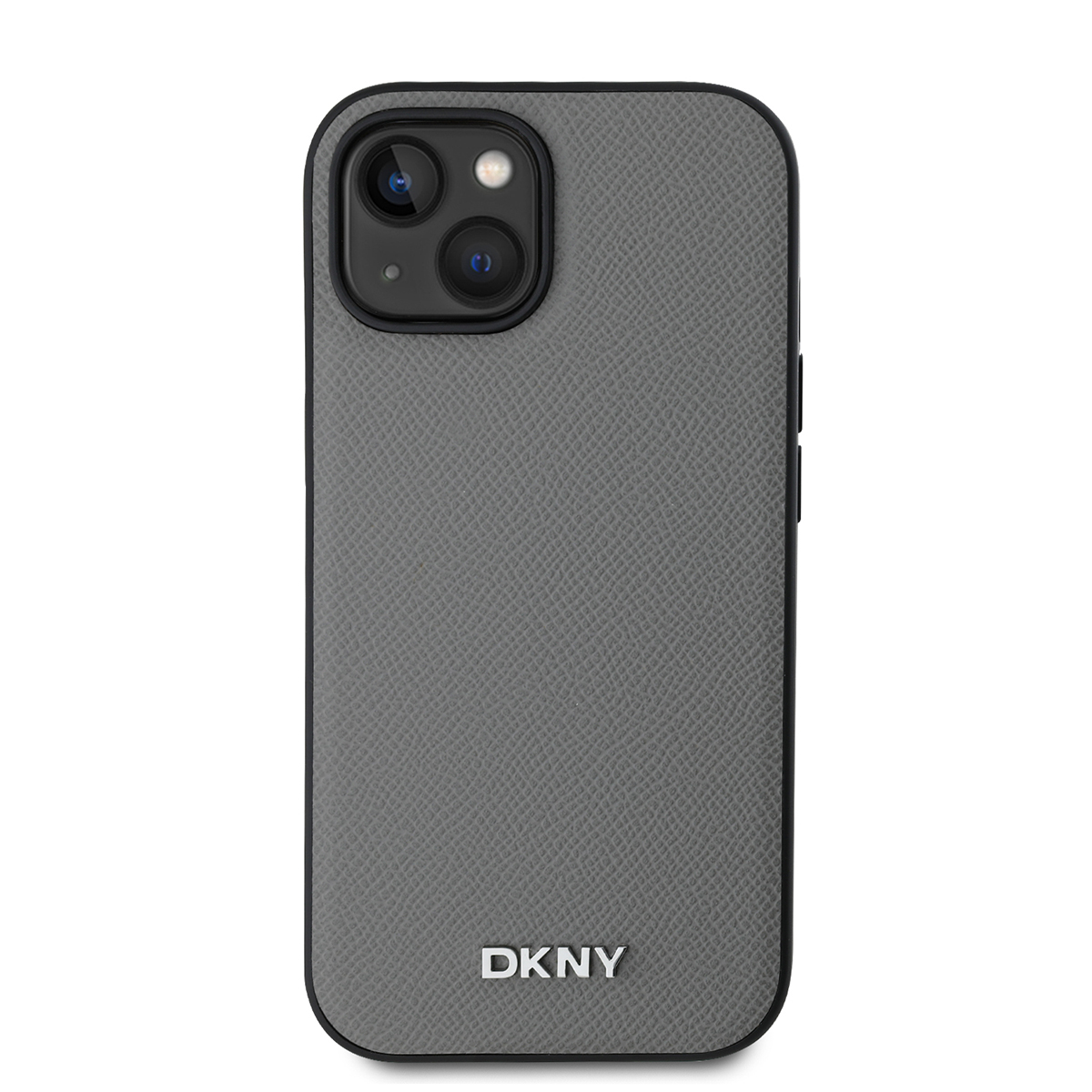 Una custodia grigia DKNY per iPhone. La custodia ha una superficie strutturata e bordi neri. Le lenti della fotocamera sono visibili in alto.