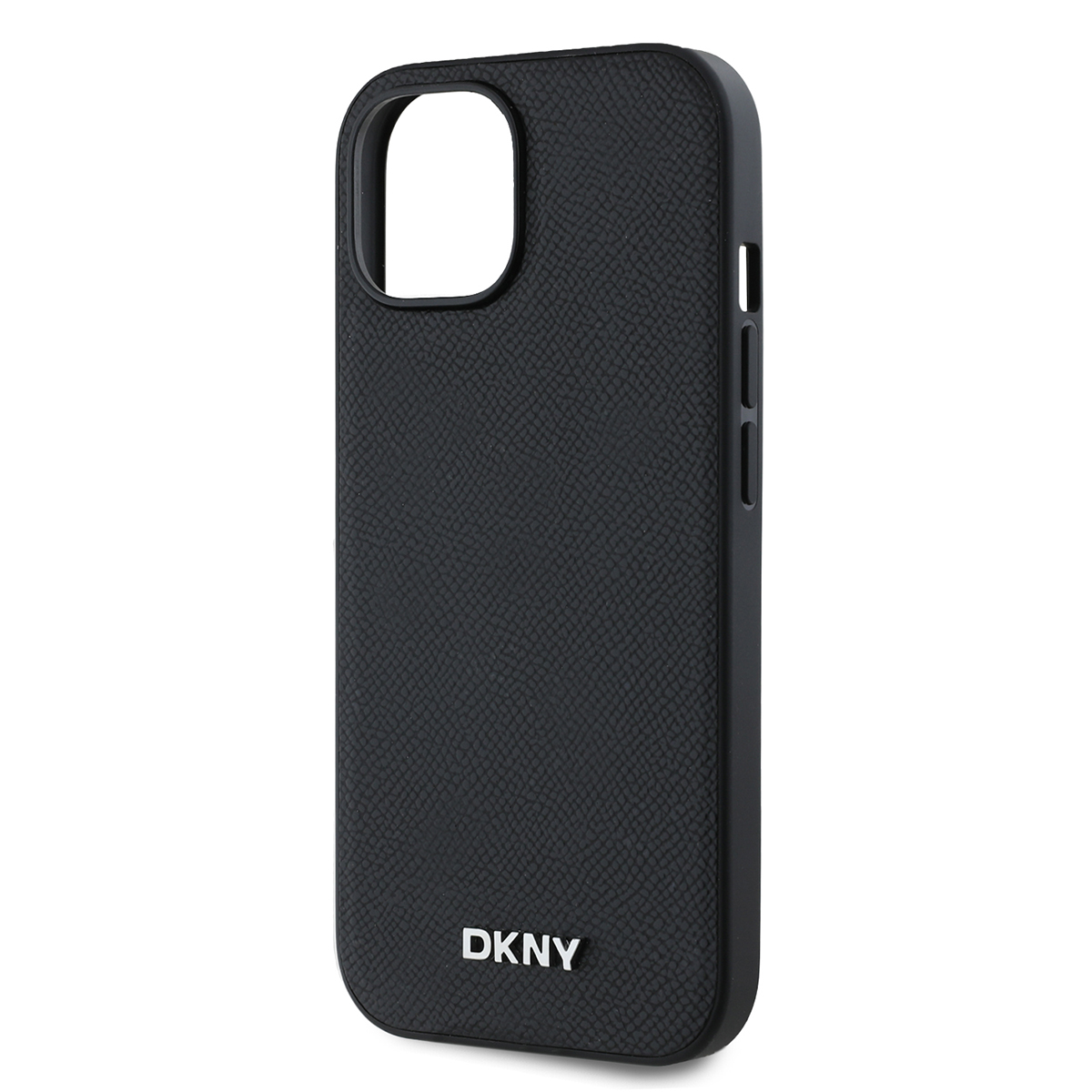 Una custodia per telefono DKNY nera. La custodia ha una superficie strutturata, pulsanti laterali e un ritaglio per la fotocamera. Il logo DKNY è visibile.