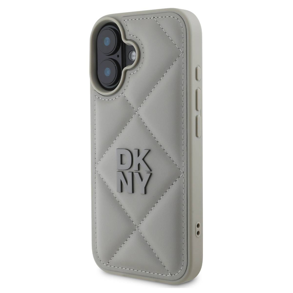 Una custodia grigia DKNY per telefono. Ha un motivo trapuntato e il logo DKNY al centro. La custodia è per un telefono con doppia fotocamera.