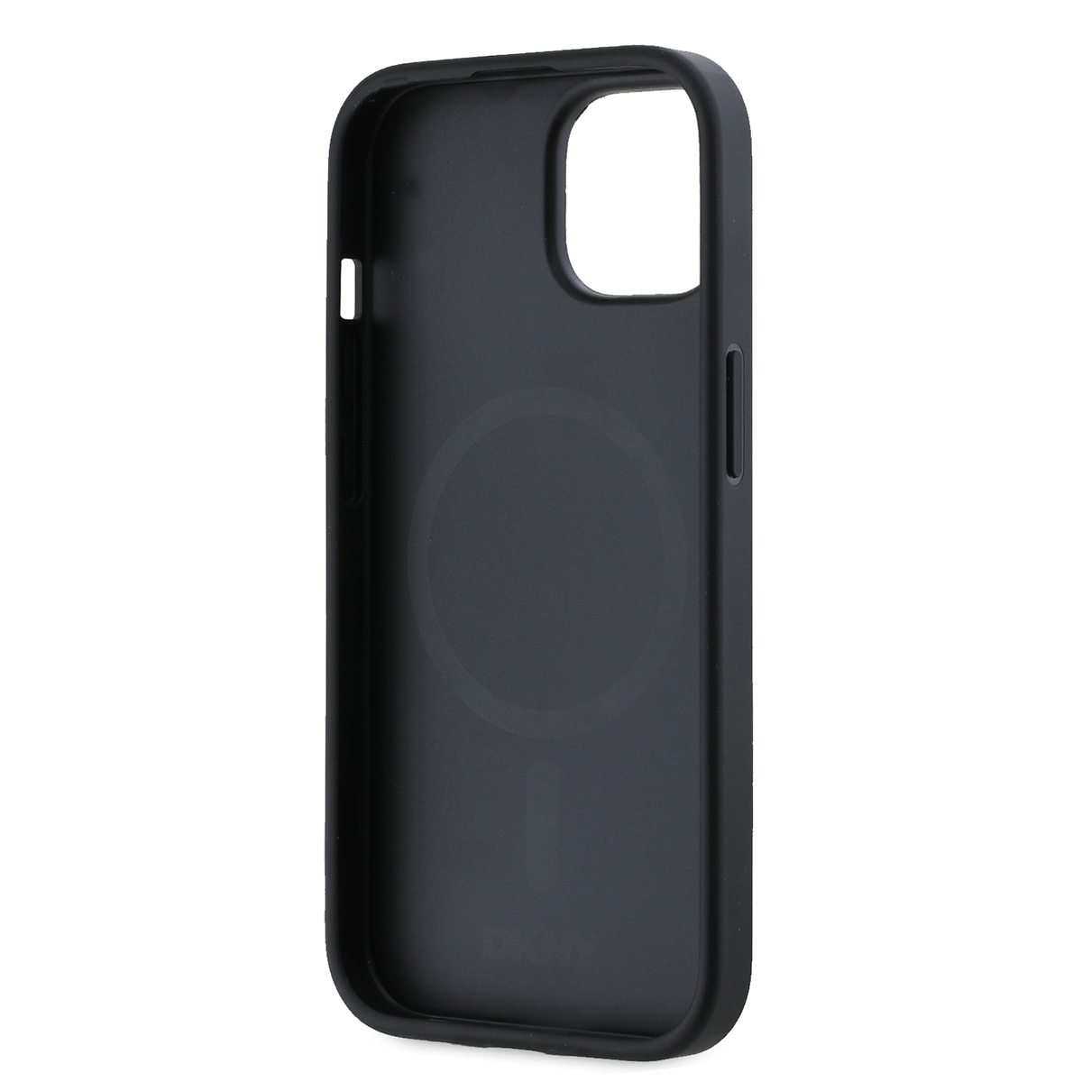 Una custodia per telefono nera. È un prodotto DKNY, con aperture per la fotocamera e i pulsanti laterali. Lo sfondo è bianco.